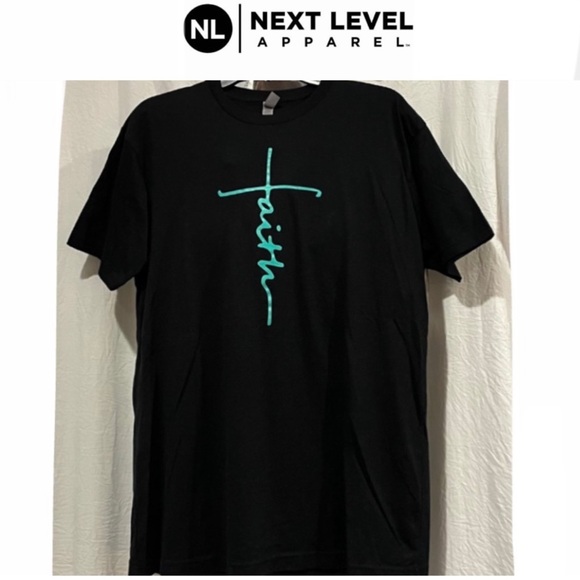 NEXT LEVEL APPAREL green scripted Faith Cross Short Sleeve Blk tshirt sizeL NWOT - Picture 1 of 4